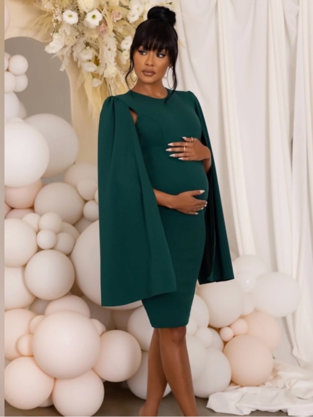 NWT Club L London Hey Mama Bottle Green Maternity Cape Sleeve Midi Dress